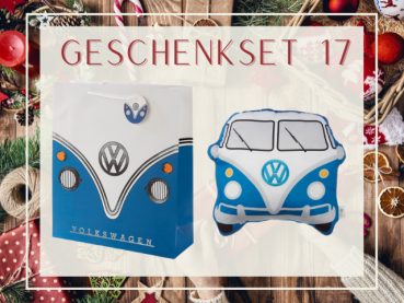 Geschenkset 17: VW Bus Geschenktasche blau mit Kissen